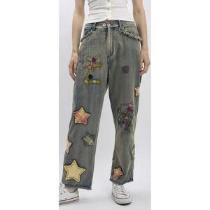 Blue Velvet Womens XL Embroidered Star Patch Light Wash Jeans Boho Frayed Hem XL